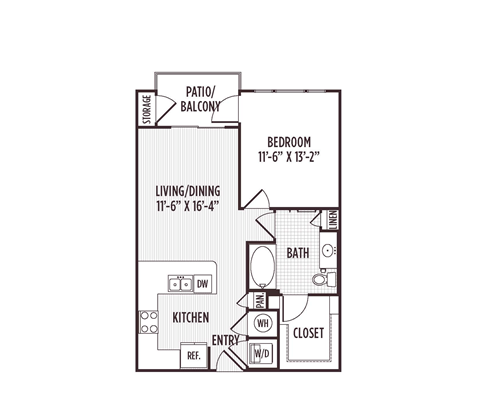 Floor plan for 1 bed, 1 bath, 683 sqft